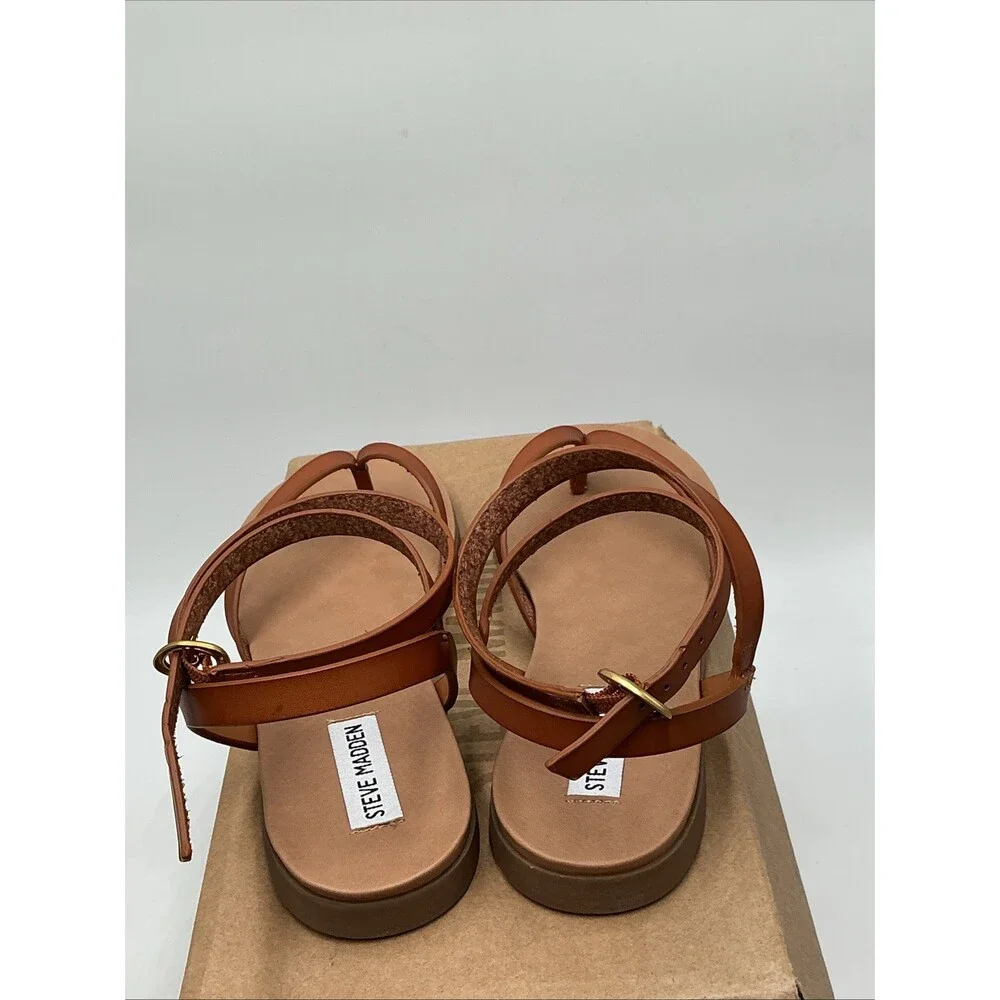 Steve Madden Kassee Sandals Women's 7.5 Cognac Leather Ankle Strap Thong Eby4494